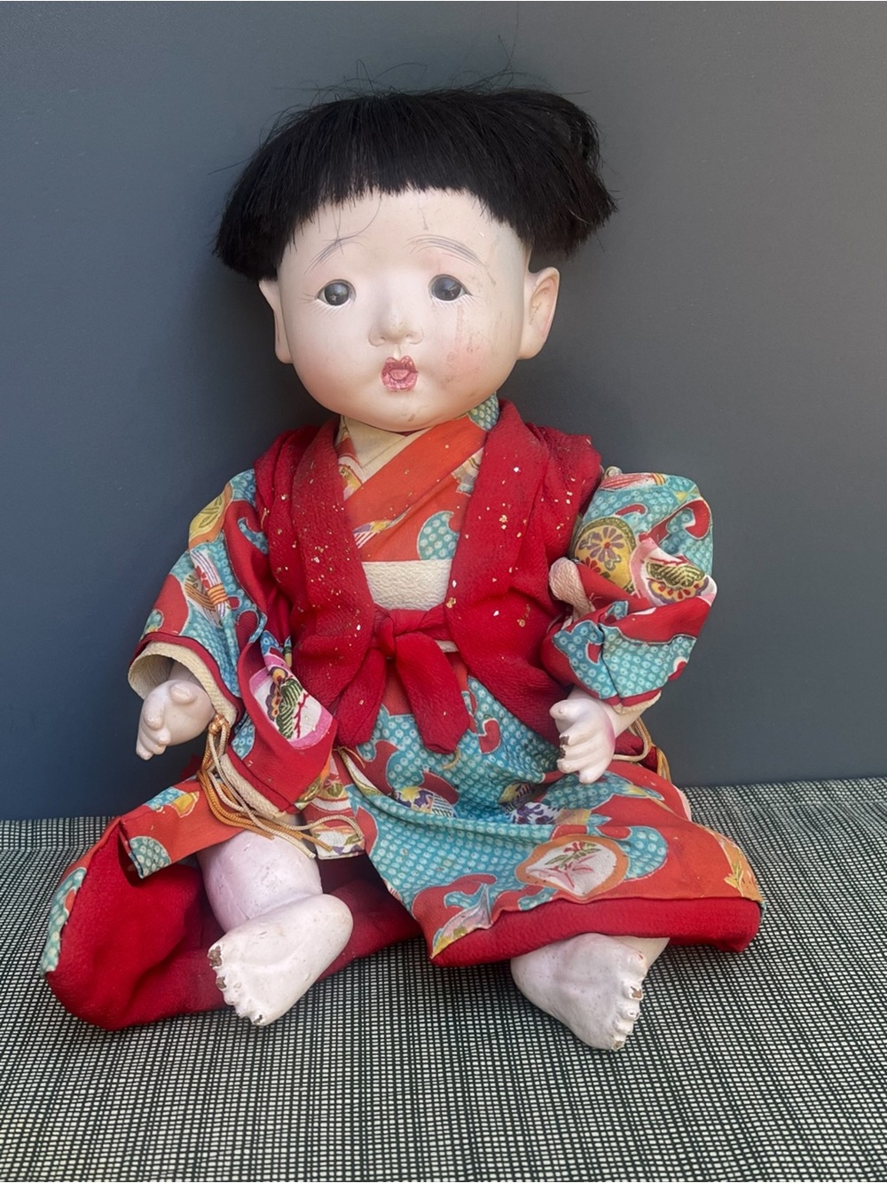 Vintage antique Ichimatsu Gofun Japanese Baby Doll 14” tall.